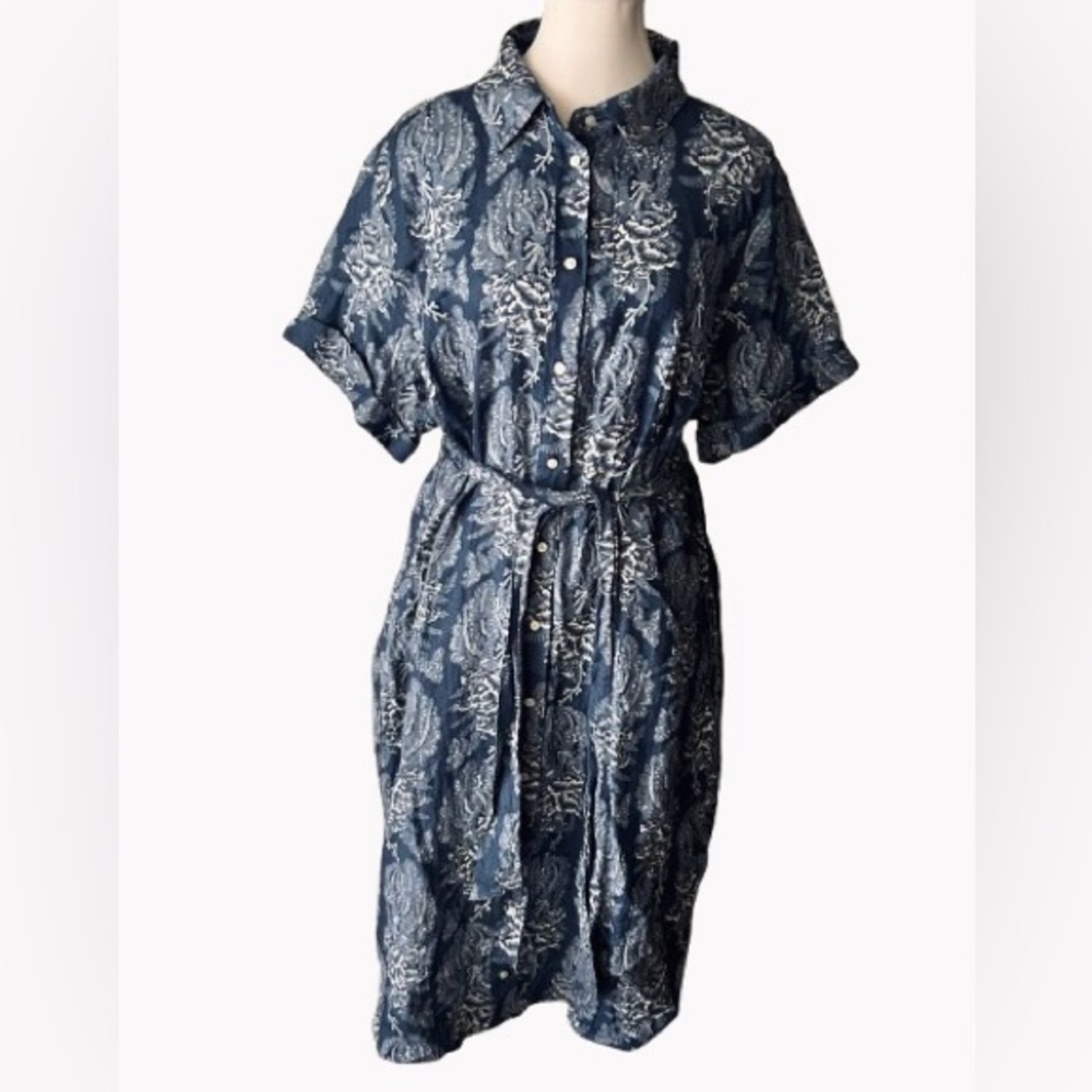 Ralph Lauren Blue & White Floral Linen Buttons short Sleeved Midi Dress 16W Plus